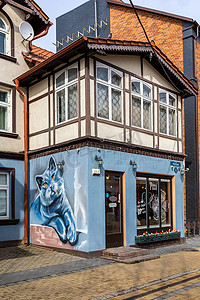 俄罗斯加里宁格勒地区泽列诺格拉茨克 — 2022 年 4 月 4 日：一栋欧洲老房子，墙上挂着一幅大画，画着一只蓝猫。