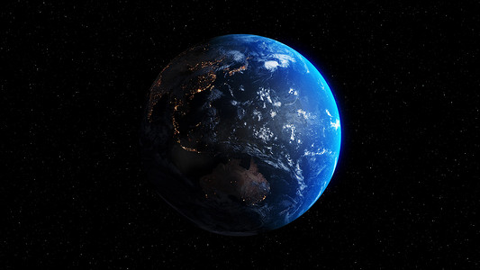 具有现实地理表面和轨道 3D 云大气的行星地球