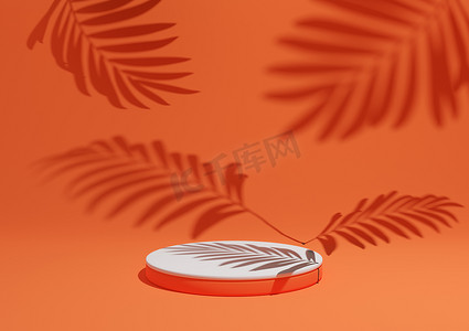 霓虹橙色、亮红色、3D 渲染一个简单、最小的产品展示构图背景，在自然产品的背景中带有 ont 讲台或支架和叶子阴影。