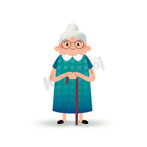 卡通快乐的祖母拄着拐杖。