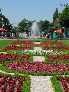 蓝色万里无云的天空下，绿色公园里有一条花巷，有明亮的花坛和一个大喷泉。