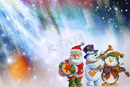 色彩缤纷的圣诞背景，蓝光上有雪花和星星