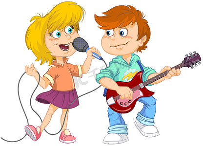 女孩在唱歌，男孩在弹吉他。