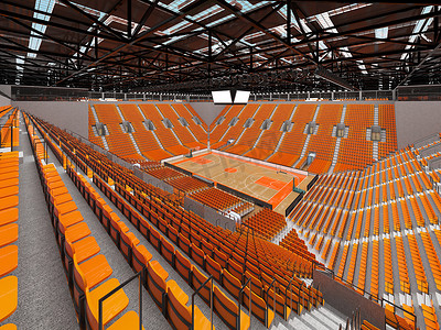 美丽的现代篮球运动场，配有橙色座椅和 VIP 包厢