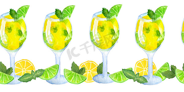 手绘夏季饮料摄影照片_无缝水彩手绘水平边框与绿黄色鸡尾酒莫吉托薄荷石灰柑橘片充满活力的强烈热带夏季色彩。