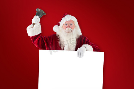 圣诞老人举着牌子并敲响铃的复合图像
