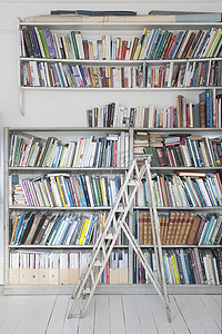 书阶梯摄影照片_图书馆书架旁的阶梯