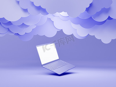 扁平互联网摄影照片_顶部有扁平云的最小笔记本电脑