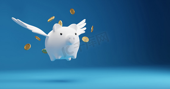 蓝色背景 3D 渲染上带有翅膀飞行和金币的存钱罐储蓄概念设计