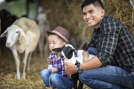 养羊场老板父子俩在农场里拥抱一只小羊羔