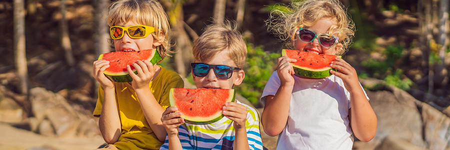 孩子们戴着太阳镜在沙滩上吃西瓜横幅，长版