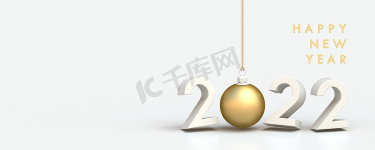年新年海报摄影照片_2022 年新年贺卡与金色圣诞球 3D