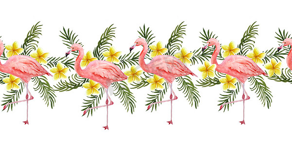 水彩花卉边框摄影照片_水彩手绘无缝水平边框与粉红色的火烈鸟鸟和热带绿色棕榈叶鸡蛋花在背景上。