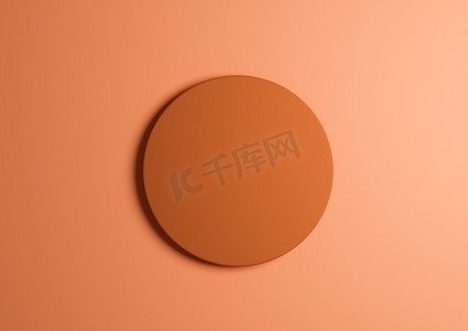 亮橙色圆形讲台或站立顶视图平躺产品的 3D 插图显示最小、简单的灯光、柔和的橙色背景，带有文本复制空间