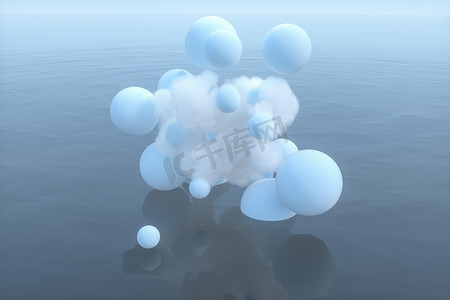 漂浮在湖上的球和云，宁静的场景，3D 渲染。