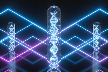 试管和染色体、DNA 和基因，3D 渲染。