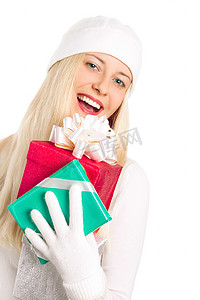 圣诞快乐的金发女孩，带着礼盒、女人和礼物