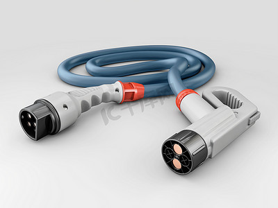 充电基础设施摄影照片_电动汽车充电插头白色背景的 3D 渲染，包括剪切路径