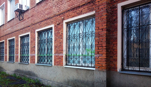 欧式铁艺大门摄影照片_公寓楼一楼窗户外面安装了铁艺花纹格栅，以确保安全