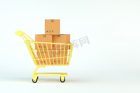 包装盒和黄色购物车，3D 渲染。