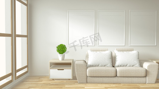 室内海报框架模拟客厅，配有白色沙发室