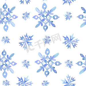 水彩手绘无缝图案与蓝色优雅雪花圣诞新年设计包装纸纺织品。