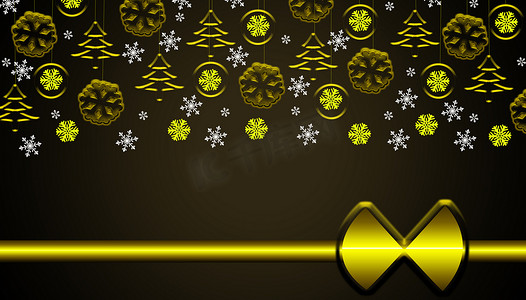 棕色圣诞背景，配有金色挂饰和雪花礼物