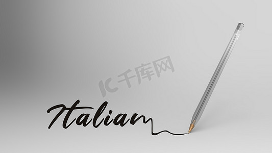 清书法摄影照片_意大利语，意大利语单词用书法写与透明塑料圆珠笔在白色背景，bic，3D 插图渲染高清。