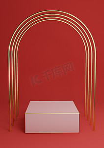 展台背景红色摄影照片_明亮的栗色、深红色 3D 渲染最小的产品展示立方体讲台或带有豪华金色拱门和金色线条的展台。