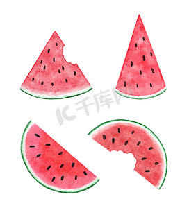 绿甜瓜摄影照片_水彩手绘红绿西瓜插图，夏季水果设计用于派对装饰蔬菜背景。