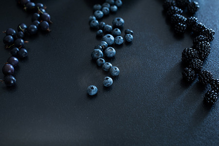黑色 t 上不同类型黑浆果的混合集布局