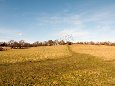 空旷草原摄影照片_大片开阔的平原农田草地农业英格兰蓝天前面大空旷的道路