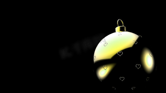 黑色背景上有心形图案的圣诞黄色球，圣诞树上的彩色圣诞球，3D 渲染插图，圣诞假期贺卡背景，情人节爱情卡通围巾