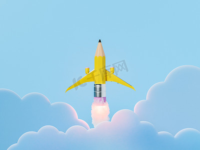 飞在铅笔摄影照片_以火箭的形式铅笔在蓝天