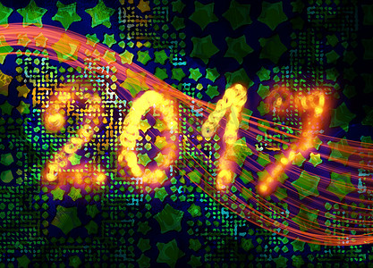 新年快乐 2017 年孤立的数字用火焰火闪闪发光写在黑色充满星星的背景优雅的波