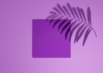 明亮的紫色、紫色、3D 渲染最小、简单的顶视图平躺产品展示背景，带有一个讲台架和棕榈叶阴影，用于自然产品