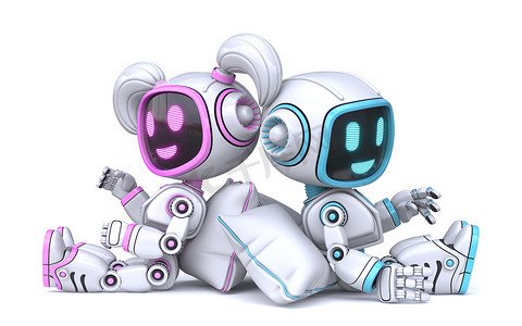 可爱的粉色女孩和蓝色男孩机器人用枕头说话 3D
