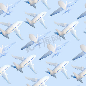 手绘旅游摄影照片_蓝云中客机飞机的水彩手绘无缝图案图解。