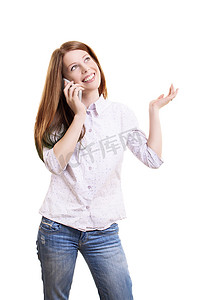 一只手势摄影照片_年轻女子打电话并用一只手做手势