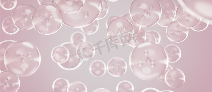 化妆品分子血清胶原液泡，水背景液泡内的分子，3d 渲染