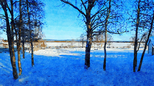 冬天水彩摄影照片_斯堪的纳维亚半岛北部雪原的数字水彩风格