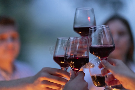 朋友们在户外野餐法式晚宴时敬酒红酒杯