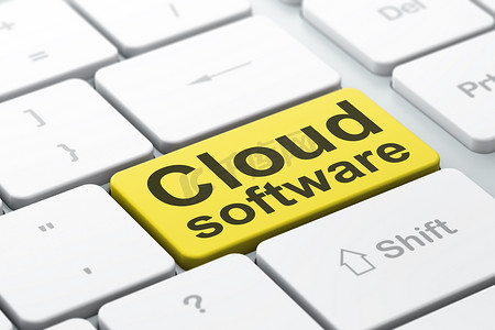 云计算概念：计算机键盘背景上的云软件