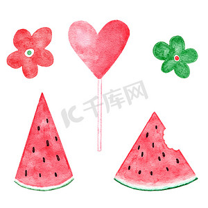 背景水果手绘摄影照片_红色和绿色西瓜的水彩手绘插图，夏季水果设计为派对装饰蔬菜背景。