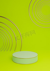 霓虹摄影照片_明亮、石灰、霓虹绿 3D 渲染最小产品展示豪华圆柱台或产品背景抽象构图与金线和圆圈