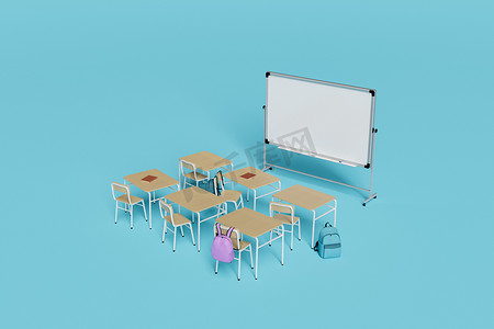 极简蓝色摄影照片_带书桌和白板的极简主义教室