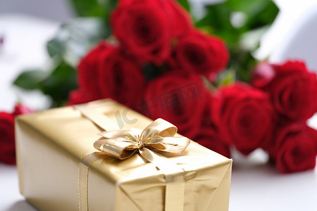 金色礼盒和一束红玫瑰