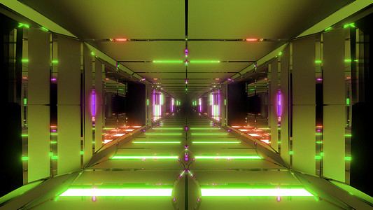 干净的未来金属科幻太空隧道走廊3D插画壁纸背景
