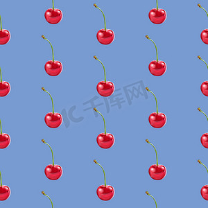绿色食物插图摄影照片_蓝色背景下的插图现实主义无缝图案浆果红樱桃