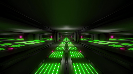 深黑色空间科幻隧道与绿色粉红色发光灯 3D 插画壁纸背景